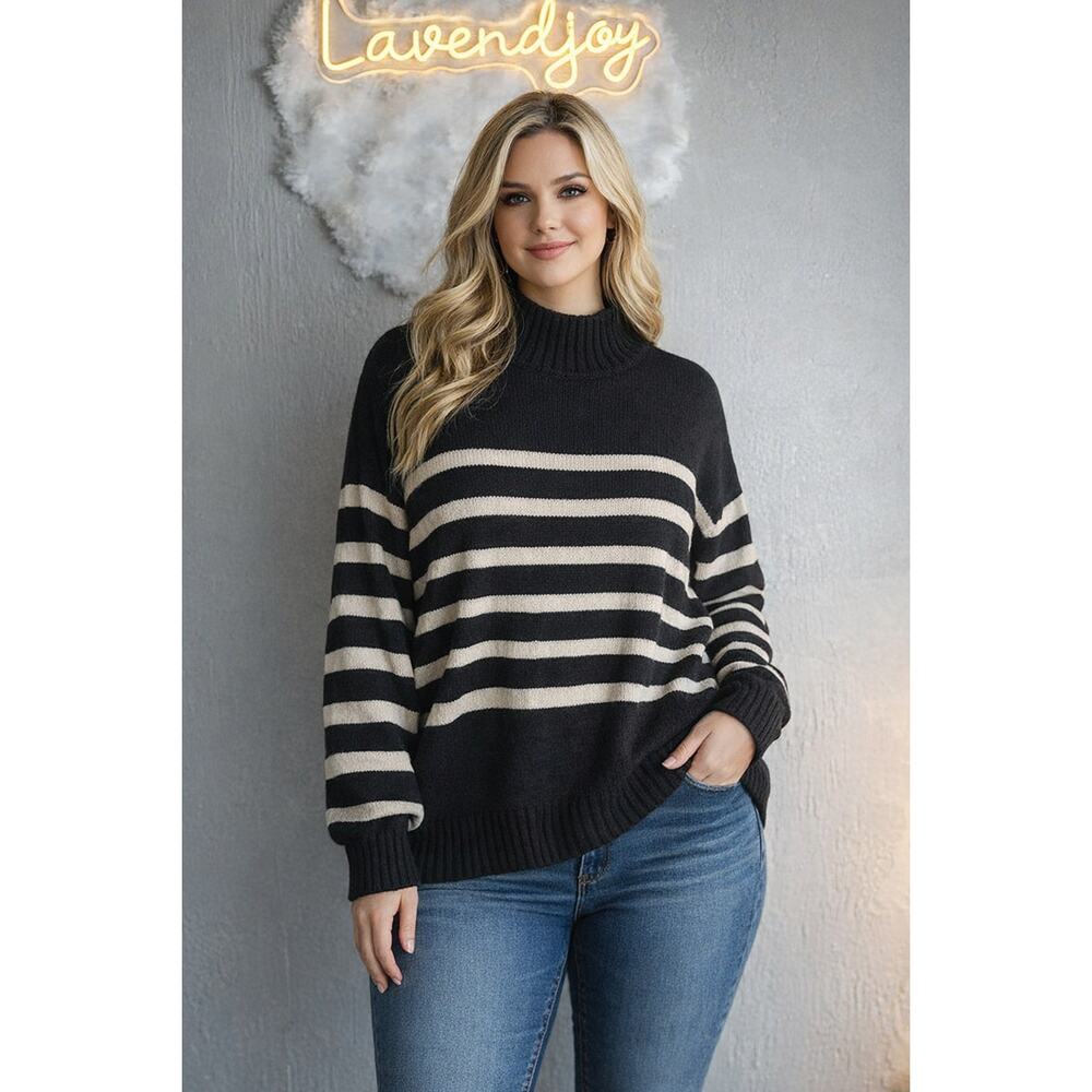Knit Pullover Sweater Womens Large Black & White Striped Soft Winter Holiday